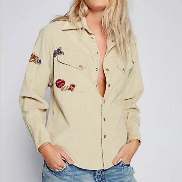 Free People Harley Floral Embroidered Beige Corduroy Button Down Shirt - Picture 1 of 9